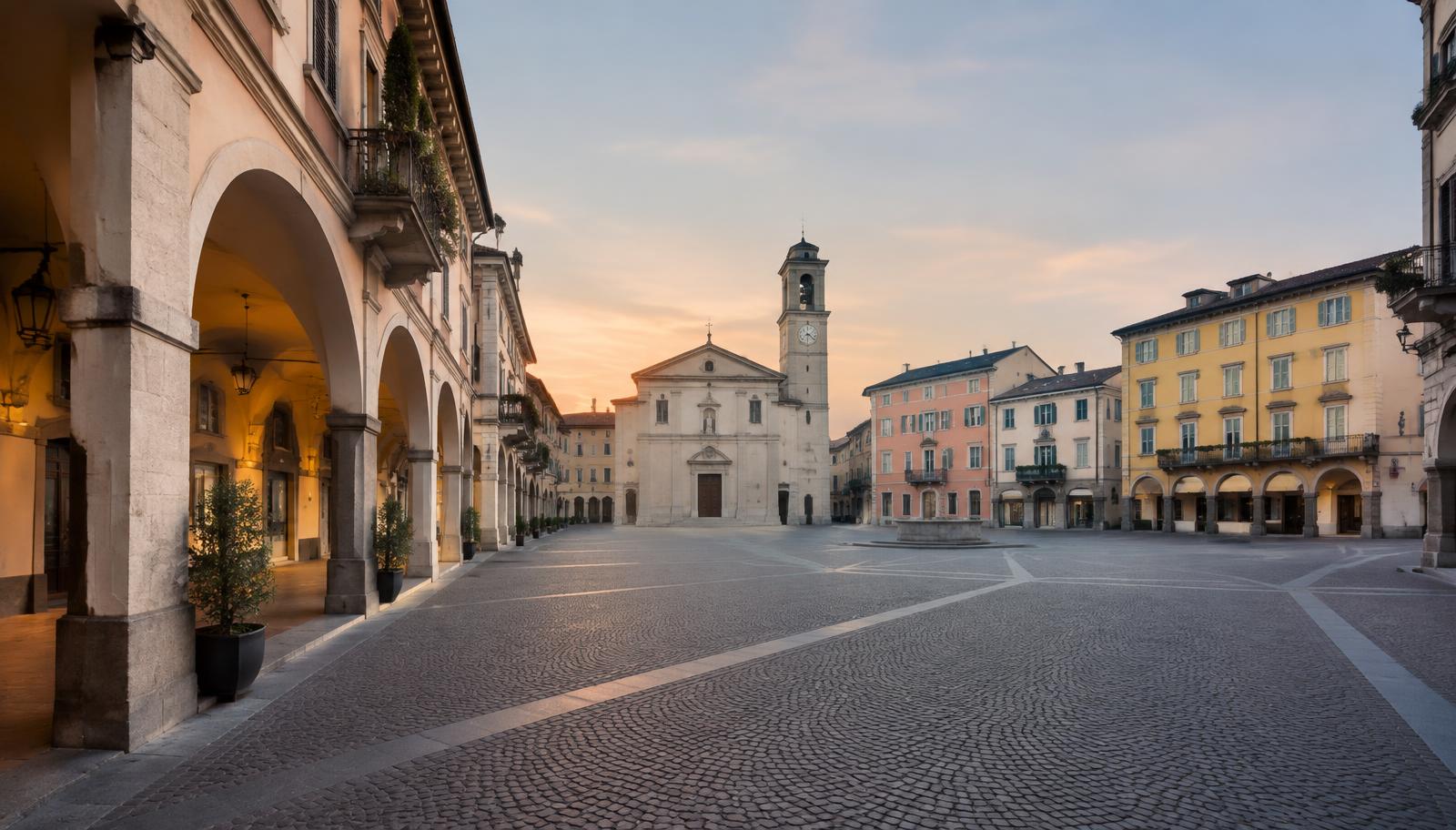 Piazza con portici di un centro storico della Brianza